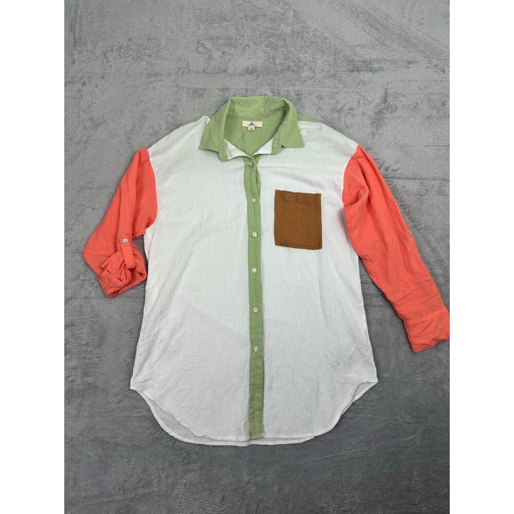 Rip Curl Linen Colorblock Button-Up Roll Tab Shirt Top Coastal Surf Beach S